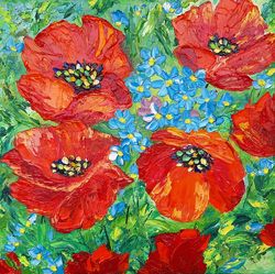 poppy painting forget me not flowers original art impasto oil painting floral abstract square 12x12 canvas wildflowers