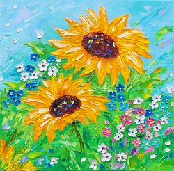 sunflower painting forget me not floral original art impasto oil painting flowers meadow artwork square 12x12 canvas