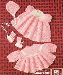 Vintage Knitting Pattern for Baby Dress Coat Bootees Bonnet Patons 1299 Lace Pretty