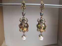 Scarab Dangle Pearl Earrings Earrings Drop long vintage-like boho chic