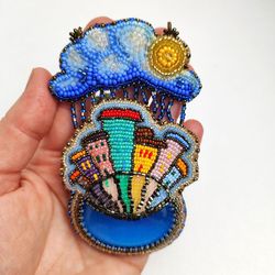Pendant necklace Rain in the city embroidered landscape jewelry 6,5 by 10 cm multicolored