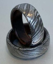 Men's & Women's Damascus Steel Ring with Wood Case - Wedding Band and Engagement Ring