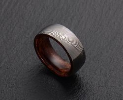 Bold Men's Black Damascus Steel Wedding Ring with Wood Sleeve - Timeless Elegance for Your Special Moment
