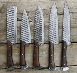 Hand Forged Damascus Chef's Knife Set of 5 - BBQ & Kitchen Knife Gift for Her - Valentines Gift - Camping Knife for Him