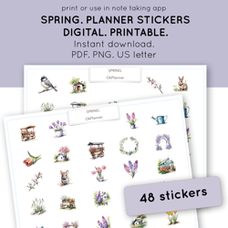 Spring Sticker pack for Digital Planners, Calendars, Postcards, Scrapbooks. Watercolor Spring-inspired sticker set