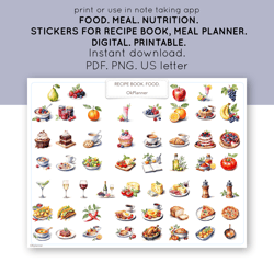 Digital Food Stickers for Meal Planners, Recipe books, Food diary, Scrapbooks. Nutrition stickers. Food-themed stickers