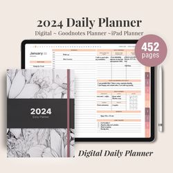 DIGITAL Minimalist 2024 planner, Daily monthly weekly planner, Work student teacher hourly schedule, iPad Goodnotes