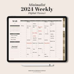 2024 DIGITAL Weekly Planner, Minimalist dated agenda schedule, Hourly plan, Student teacher work, Goodnotes ipad Planner