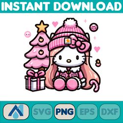 hello pink kitty png, hello christmas kitty png, pink christmas tree, pink candy cane, pink santa hat, pink decor (27)