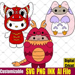Customizable Pusheen Cat Dragon Lunar SVG Coloring pages Pusheen Cat Owl SVG Hello Kitty Dragon, Ink Cricut desgin space