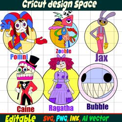 The amazing digital circus Editable Pomni Sticker, Gangle, Jax, Caine,Ragatha,Zooble, Stickers Vector Coloring pages SVG