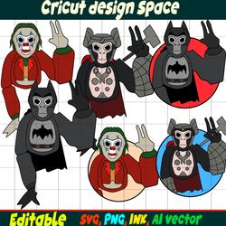 Gorilla Tag Sticker and Joker Characters PNG, SVG, Bat Gorilla Tag PNG Coloring pages, Gorilla Tag Printable for Birthda