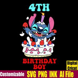 Editable Happy Bithday 4th Birthday Stitch SVG, Birthday Stitch PDF Printable T-Shirt for 4th Birthday Gift, PNG,