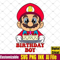 Editable Happy Bithday 5th Birthday Mario SVG, 5th Birthday Super Mario PDF Printable T-Shirt for 5th Birthday Gift, PNG