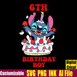 Editable Happy Bithday 6th Birthday Stitch SVG, Birthday Stitch PDF Printable T-Shirt for 6th Birthday Gift, PNG