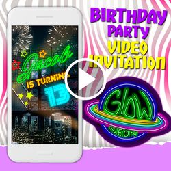 Glow video invitation, neon birthday party animated invite, disco mobile digital custom video evite