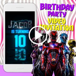 Power Rangers video invitation, Rangers birthday party animated invite, superheroes mobile digital custom video evite
