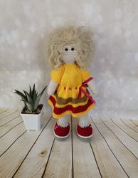 Doll in clothes, An elegant doll, doll in a yellow dress, doll, knitted doll, interior doll, game doll, doll in clothes