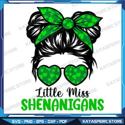 Little Miss Shenanigans Messy Bun Shamrock St. Patrick's Day Png, St. Patrick's Day Png, Lucky Sublimation Design