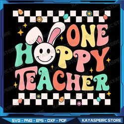 One Hoppy Teacher Png, Bunny Easter Day Groovy Retro Boy Girl Png, Easter Png, Easter Bunny Png, Retro Easter Png