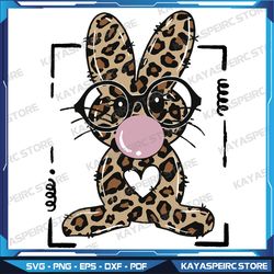 Leopard Rabbit Bunny Blowing Bubble Gum Png, Easter Day Png, Bunny with Glasses Bubble Gum Cute Bunny, Leopard Print PNG