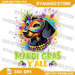 Dachshund Dog Mardi Gras Y'all With Beads Mask Colorful Png,Mardi Gras Dachshund Png,Mardi Gras Png, Dachshund Png