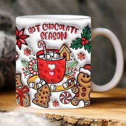 3D Hot Chocolate Season Inflated Mug Wrap, Puffy Gingerbread Mug, 3D Candy Cane Mug, Xmas Holiday Mug, Hot Cocoa Png, Ch