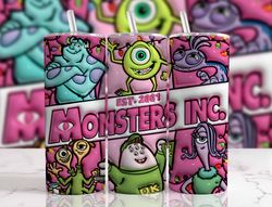 3D Inflated Monsters Christmas Tumbler Wrap Png, Monsters Tumbler Png, Cartoon Christmas Png, Pink Christmas Tumbler Wra