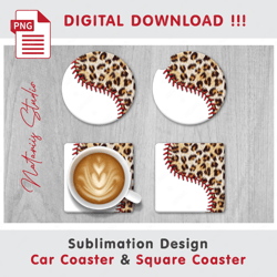 Baseball Leopard Combo Design - v3 - Car Coaster Template - Sublimation Waterslade Pattern - Digital Download