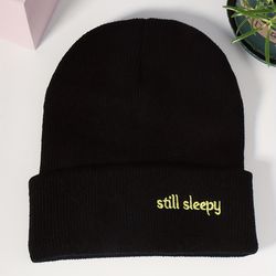 Still Sleepy Embroidery Graphic Beanie Black Casual Knit Hat