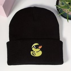 ellow Duck Embroidery Graphic Beanie Black Casual Knit Hats