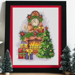 Fireplace cross stitch pattern PDF, Winter cross stitch, Christmas cross stitch, Happy New Year, Christmas tree