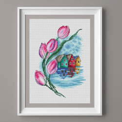 Scandinavian cross stitch pattern PDF, tulips cross stitch, spring cross stitch, houses cross stitch, flowers embroidery