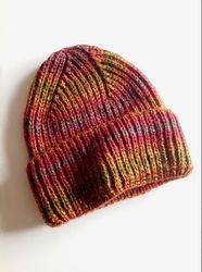 Women's knitted hat with lapel, burgundy and mustard colors