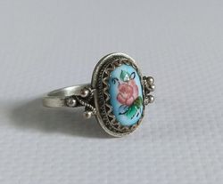 Vintage enamel ring Blue floral ring Cocktail ring Retro filigree ring Art deco women ring