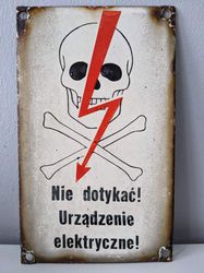 Vintage Danger Skull Warning Electricity Enamel Pole Shield Metal Sign