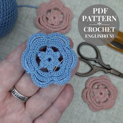 Crochet flower pattern applique. Crochet flowers tutorial DIY. Motifs floral for Irish lace.