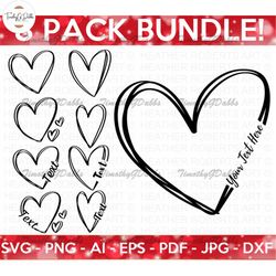 Doodle Heart SVG Bundle, Heart SVG Bundle, Sketch, Hand,drawn Heart svg, Valentine Heart svg, Name Frame svg, Cut Files