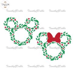 Christmas Holiday Wreath Mickey Minnie Mouse Ears, 2 COLOR, SVG Clipart Images Digital Download Sublimation Cricut Cut