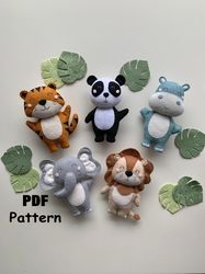 Safari animals PDF Pattern, Felt Pattern Hippo Elephant Lion Panda Tiger, Sewing pattern tutorials, Felt Safari animals
