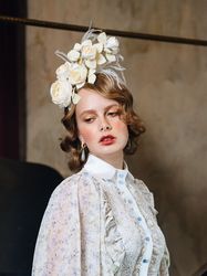 white floral wedding fascinator hat bride