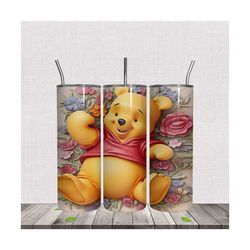 3D Floral Winnie The Pooh Skinny Tumbler Wrap PNG