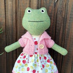 Green frog girl, fabric stuffed doll, handmade plush toad