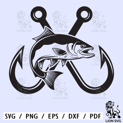 crossed fish hooks svg, bass fishing svg, fishing hook svg, fisherman, bass fish. vector cut file cricut, silhouette