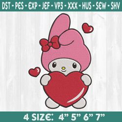 Kuromi Heart Valentine Embroidery Design, Kuromi Embroidery Designs, Kawaii Kitty Embroidery Designs