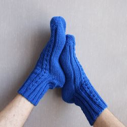 blue large size socks, men's socks for large feet, cable knit wool socks, bright solid socks, soft stretchy socks