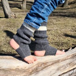 Stirrup leg warmers for Yoga Ballet Dance, Over the calf gray socks, Ribbed long stocking, Broad Stripe socks