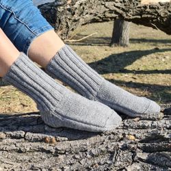 Ribbed gray wool socks, Handmade long winter socks, Comfy crew socks for wide feet, Thermal hiking socks