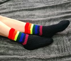 Rainbow crew socks, Handmade socks with colorful stripes, Wool-blend leg warmers, LGBT Pride Socks
