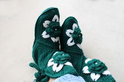 Crochet wool blend slipper booties, Women green slippers